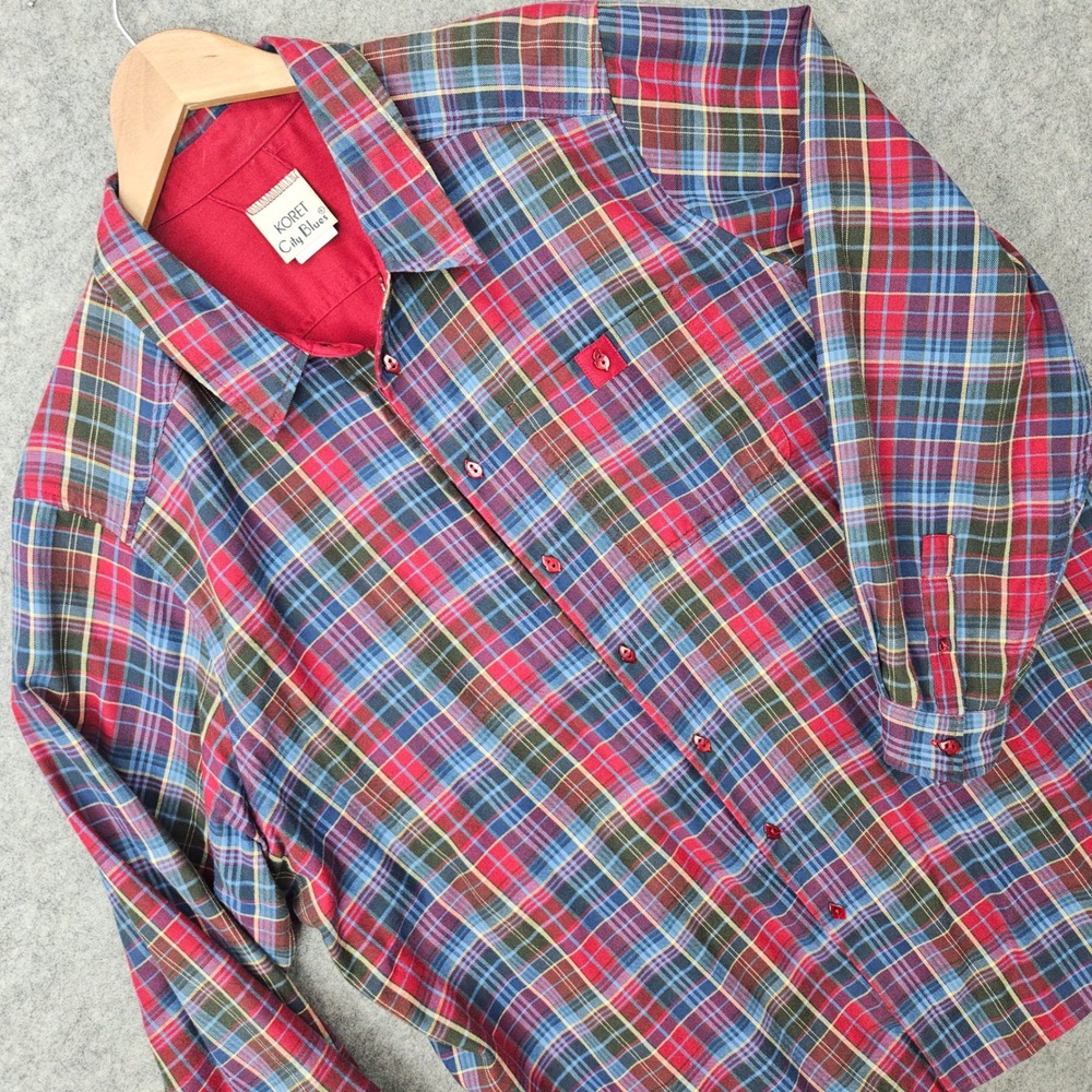 Koret Button Down Shirt Jacket Shacket Women's Red 18W Plaid Long Sleeve Vintage
